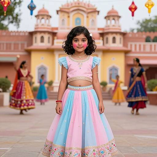 Photograph of a young girl with curly black hair in a pink and blue traditional Indian dress, standing in front of a colorful, ornate building with