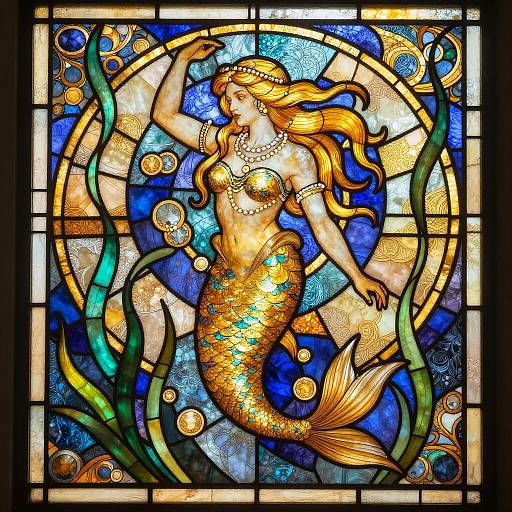 Elegant Jugendstil Mermaid Stained Glass