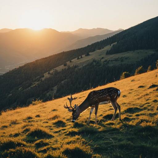 Serene Sunset: Deer on Mountain Hillside Serene Sunset: Deer on Mountain Hillside