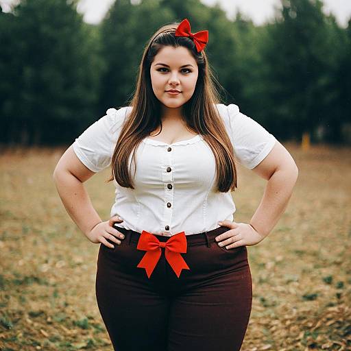 Plus-Size Woman Outdoors with Red Bow