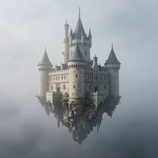 Photorealistic digital artwork of a floating medieval stone castle with multiple turrets and towers, enveloped in mist, surrounded by fog.