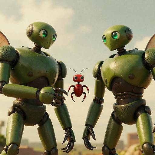 Giant Insect Robots Surrounding Small Companion