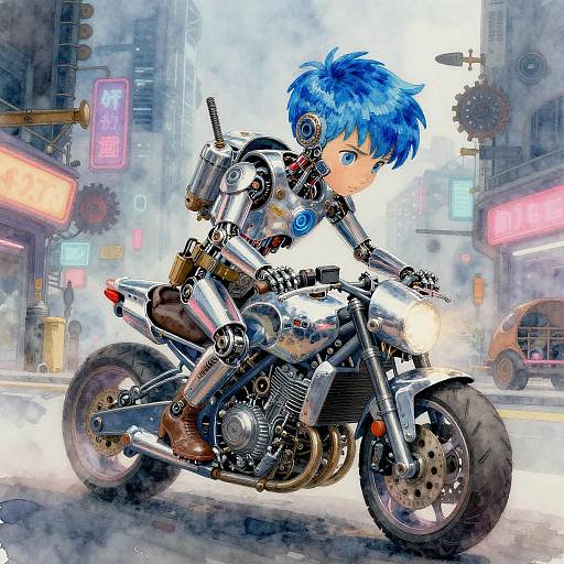 Anime-style digital artwork of a blue-haired, robotic boy riding a chrome motorcycle in a neon-lit, futuristic city street.