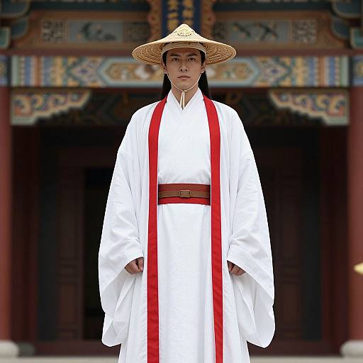 Photograph of a serious Asian woman in traditional white kimono with red stripes, brown belt, and straw hat, standing in front of a colorful,
