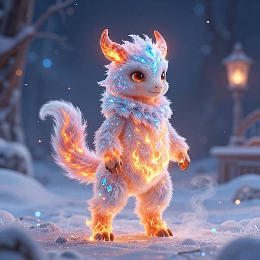 Digital art: Furry, glowing orange-and-white creature with fiery accents, standing in snowy night forest, illuminated by lantern light, large expressive eyes,