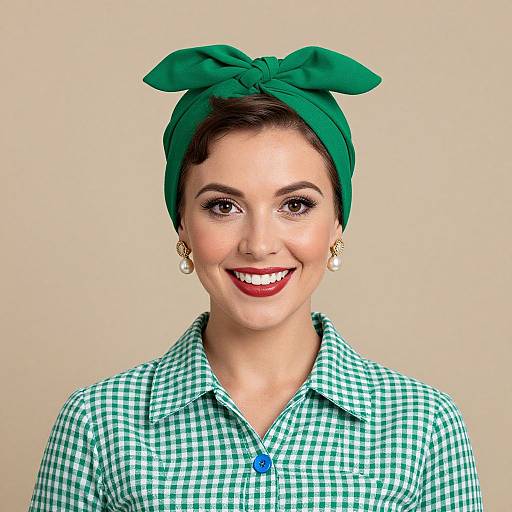Photograph of a smiling woman with short dark hair, green headscarf tied in a bow, pearl earrings, green checkered shirt, bright red