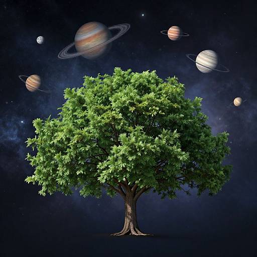 Photograph-style digital art: lush green tree with detailed bark centered against a dark, starry night sky, featuring six colorful planets with rings and moons