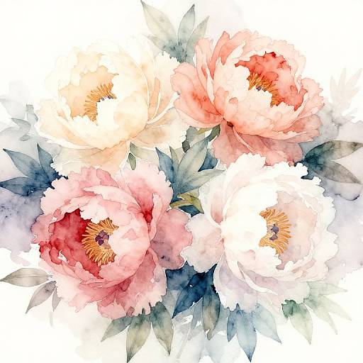 Watercolor painting of a bouquet featuring pink, peach, and white peonies with yellow centers and green leaves on a white background.