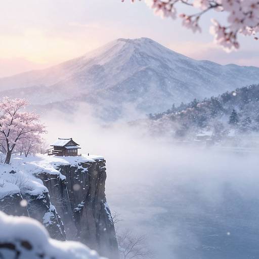Snow-covered mountain landscape with a traditional wooden hut on a cliff, surrounded by mist, leafless trees, and soft sunlight. Photorealistic image.
