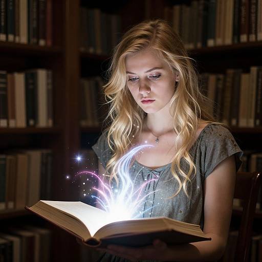 Blonde woman with wavy hair, wearing a gray shirt, reading an open book in a dimly lit library, with magical white light emanating
