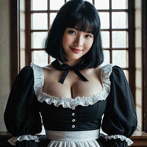 Photograph of an Asian woman with black bob hair, smiling, wearing a black and white French maid outfit, standing in front of a window with wooden