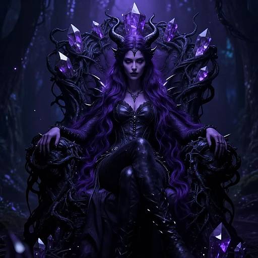Digital artwork of a dark, ethereal queen with long purple hair, wearing a black, ornate dress and a crown adorned with glowing purple crystals in