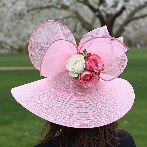 Photograph of a woman's back wearing a large, pink, mesh hat adorned with white and pink roses, set against a blurred spring park with blo