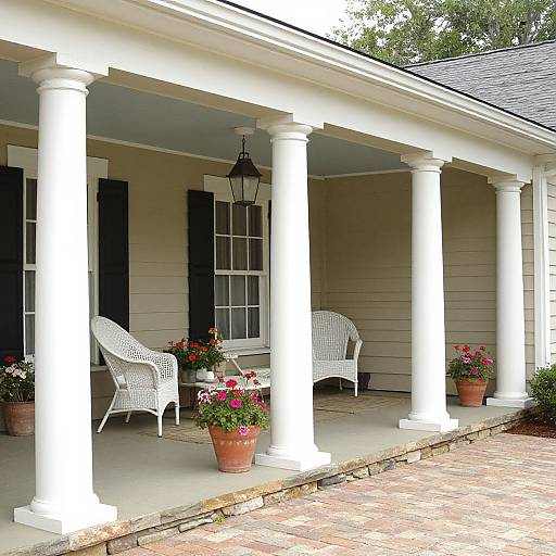 Photograph of a charming white-columned porch with black shutters, white wicker chairs, potted flowers, and a brick pathway.