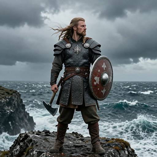 Viking warrior stands on rocky cliff, wind in long hair, wearing metal armor, holding axe and shield, stormy sea and sky behind. Phot