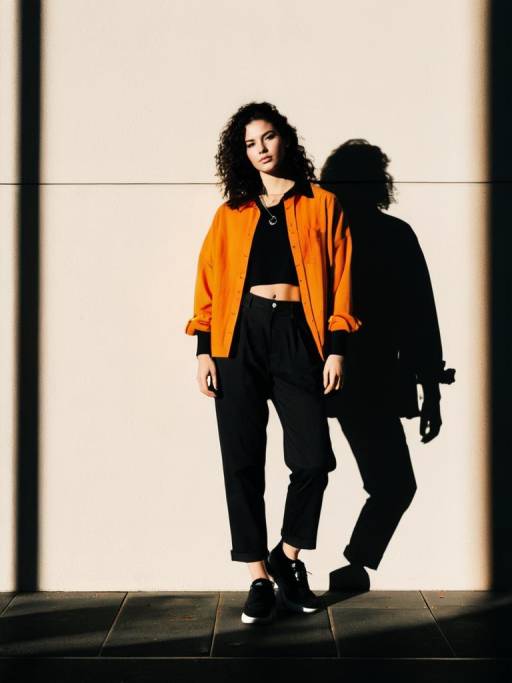 Woman in Orange Shirt and Black Trousers
