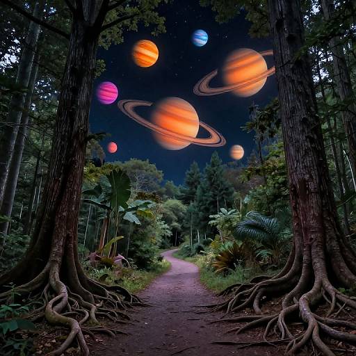 Photorealistic digital image of a forest path at night, flanked by tall trees with exposed roots. Vibrant planets with rings float above, surrounded