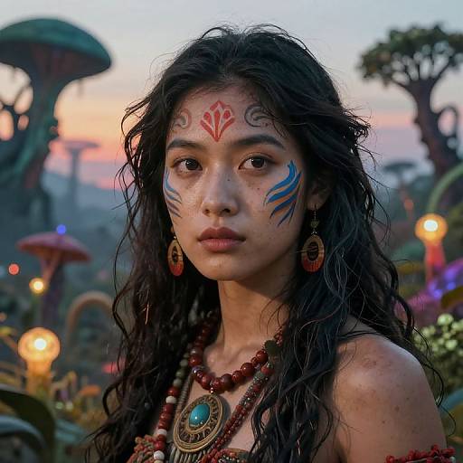 Photorealistic CGI of a young woman with long, wavy black hair, adorned with tribal face paint and jewelry, set against a colorful, futuristic