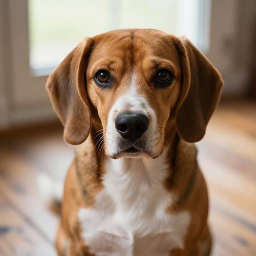 Photograph of a sad-looking Beagle with brown and white fur, sitting on a wooden floor in front of a blurred window.