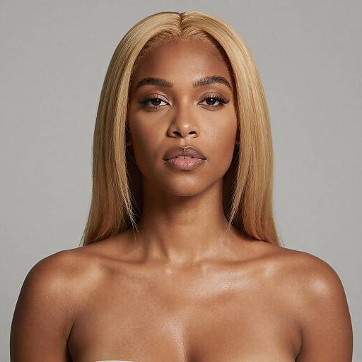 Photograph of a topless Black woman with long, straight blonde hair, light brown skin, and neutral expression against a light blue background.