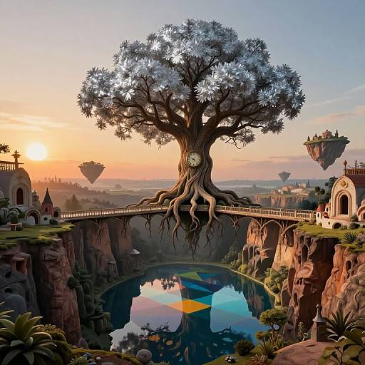 Fantastical digital artwork: giant tree with clock trunk spanning a bridge over a colorful lake in a surreal, floating cityscape at sunset.