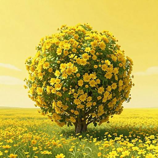 Photograph of a lush, yellow-flowered tree centered in a vibrant yellow field, under a bright, sunny sky. Yellow flowers blanket the ground,