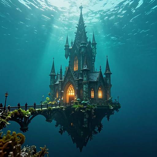 Photorealistic CGI of an underwater, glowing Gothic castle with spires, lit windows, surrounded by seaweed and fish, illuminated by sunlight filtering through