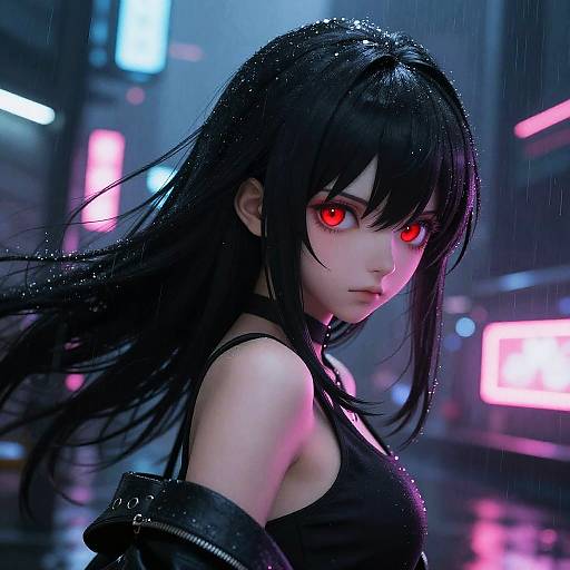 Digital anime-style artwork of a pale-skinned woman with long black hair, glowing red eyes, wearing a black tank top, in a neon-lit
