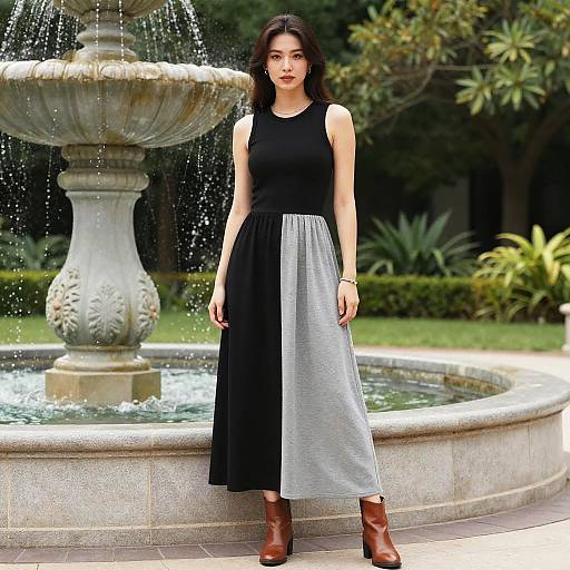 Photograph of an Asian woman with long black hair, wearing a black and gray sleeveless dress, brown boots, standing in front of a circular fountain