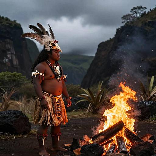 Photograph of a muscular Polynesian man in traditional feathered headdress, grass skirt, and necklaces, standing by a bright campfire in