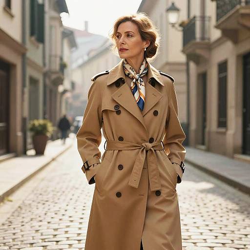Mature Woman in Camel Trench Coat on Cobblestone Street
