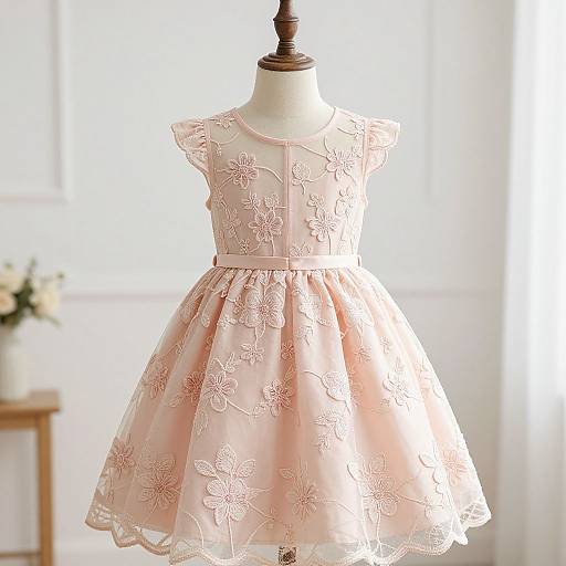 Photograph of a delicate, pink floral-embroidered children's dress displayed on a mannequin, set against a softly lit, white-pane