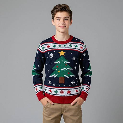 Photograph of a young boy with short brown hair, wearing a festive navy sweater with Christmas tree design, red cuffs, and beige pants, standing against