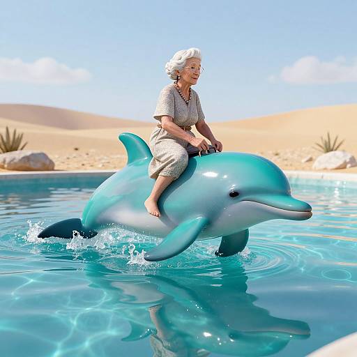 Photorealistic image of an elderly woman with white hair, wearing a light-patterned shirt and beige pants, riding a blue dolphin in a clear,