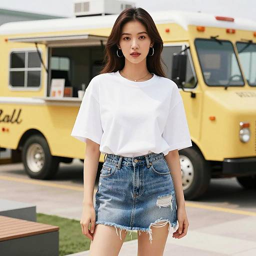 Asian woman with long black hair, white t-shirt, and distressed blue denim skirt, standing in front of a yellow food truck. Photograph.