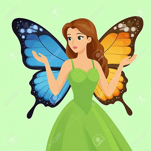 Digital illustration of a brown-haired woman with green dress, blue and orange butterfly wings, smiling, arms raised, set against white background.