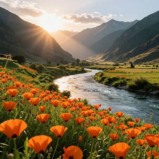 Photograph of vibrant orange poppies along a winding river, under a glowing sunset, with mountainous terrain in the background.