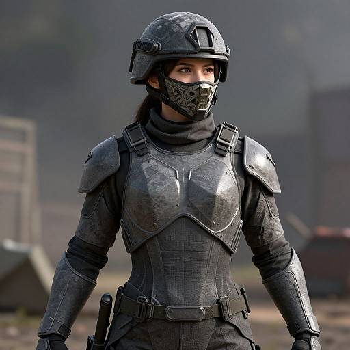 CGI image of a female soldier in black tactical armor, helmet, and mask, standing outdoors with blurred background, holding a gun.