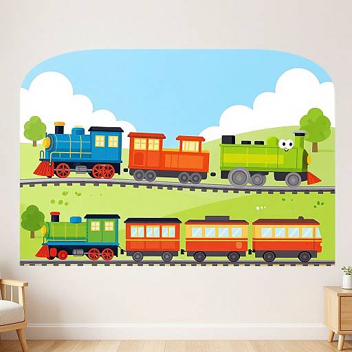 Colorful digital illustration of two toy trains on parallel tracks, with vibrant red, blue, and green cars, set against a bright blue sky with white