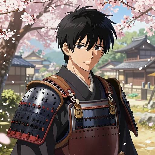 Anime-style drawing of a young man with black hair and serious expression, wearing traditional Japanese samurai armor, standing under cherry blossoms in a sunny village