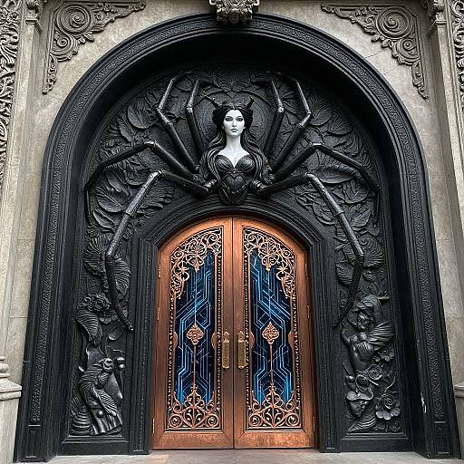 Gothic-style door with intricate black carvings, featuring a spider woman above, ornate wooden panels, and blue stained glass. Photographic