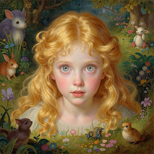 Digital painting of a fair-skinned, blonde girl with large blue eyes, surrounded by colorful forest creatures, flowers, and lush greenery.
