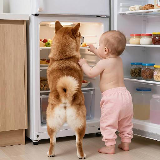 Shiba Inu and Baby Exploring Kitchen
