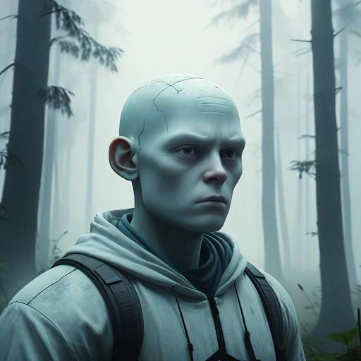 Futuristic Bald Man in Foggy Forest