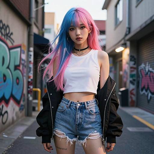 Photograph of an Asian woman with blue and pink hair, wearing a white crop top, denim shorts, black jacket, and choker, standing in