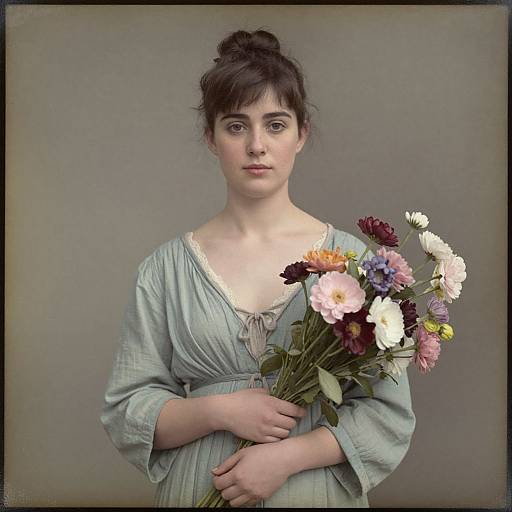 Photograph of a young white woman with dark hair in a bun, wearing a light blue dress, holding a bouquet of colorful flowers against a plain gray