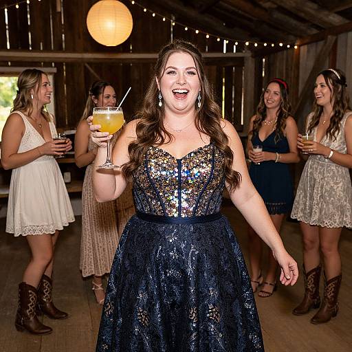 Photograph of a smiling woman in a sequined black dress holding an orange cocktail, standing in a wooden barn with string lights and four other women in