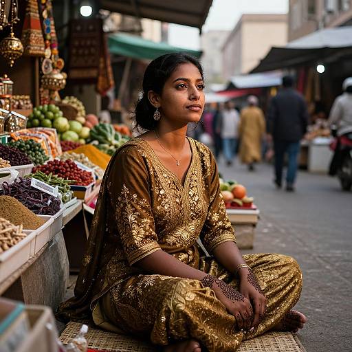Photograph of an Indian woman in a gold embroidered traditional outfit, sitting cross-legged at a bustling market stall with colorful fruits and spices in the background.
