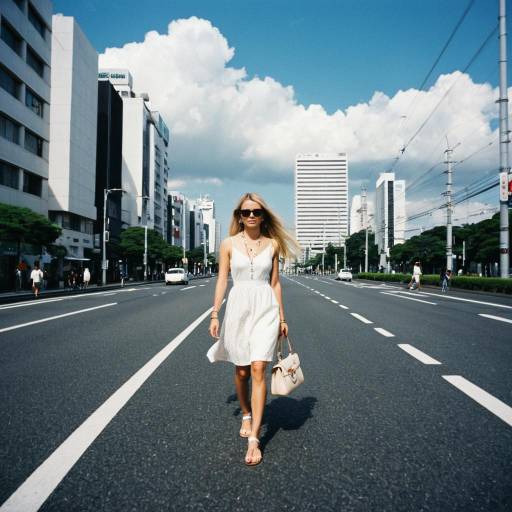 Blonde Woman Walking on City Street in White Dress
