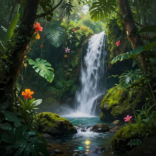 Photograph of a lush, tropical jungle with a cascading waterfall, vibrant flowers, large green leaves, and moss-covered rocks, illuminated by sunlight filtering